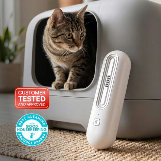 OzoFreshen white pet odor eliminator standing beside a covered litter box with a tabby cat