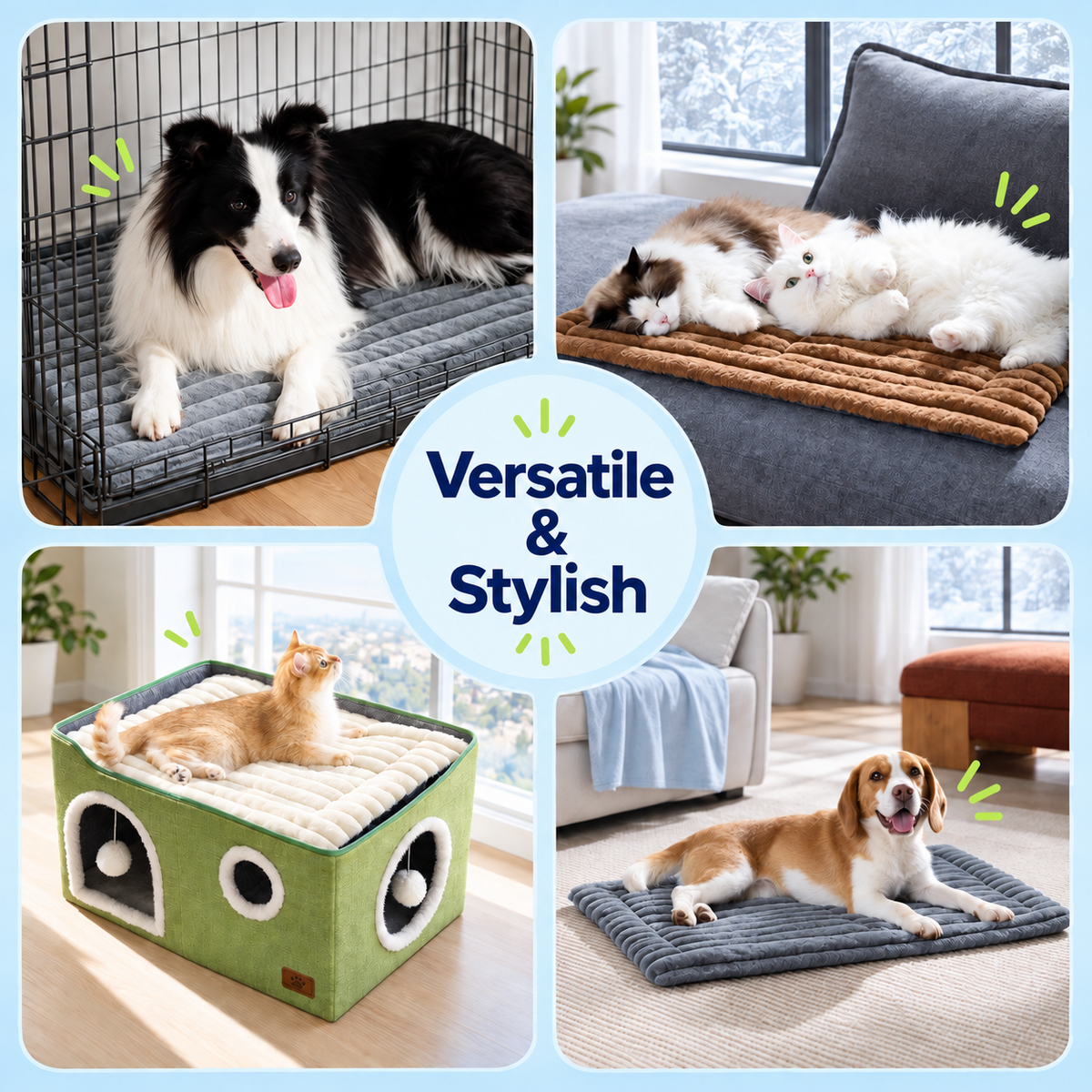 Versatile and stylish: the mat used in a dog crate, on a sofa, on a cat house and on the floor