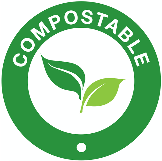 Green compostable packaging badge with two leaves