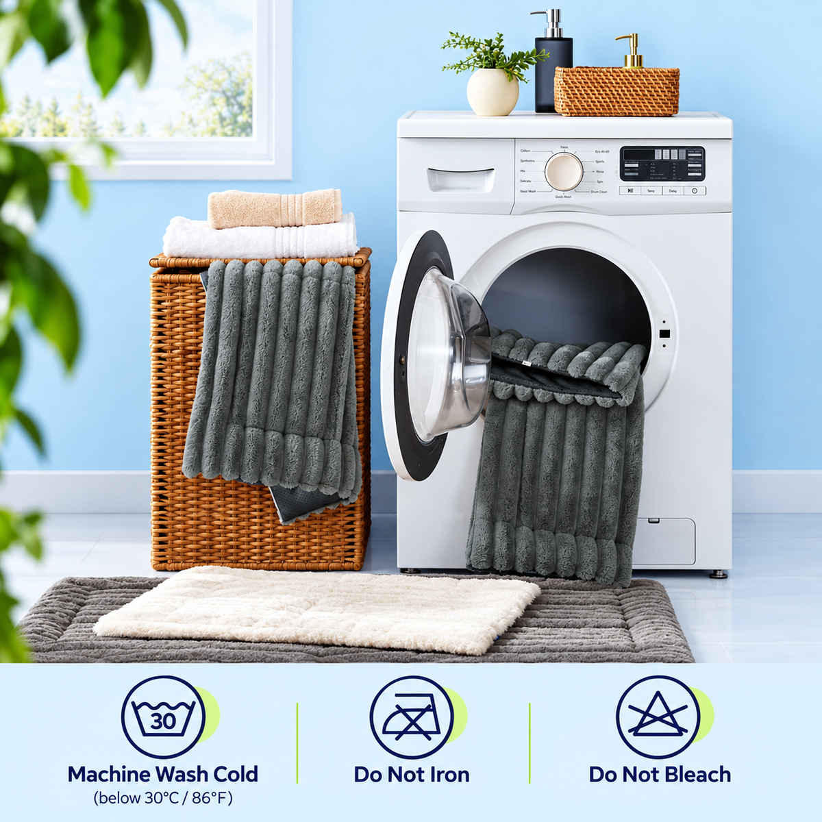 Machine washable pet mat going into a washing machine, with care instructions