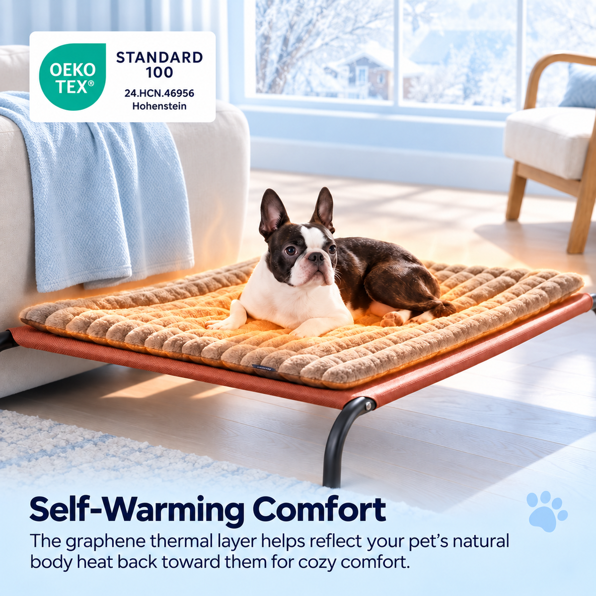 Dog resting on the self-warming mat with OEKO-TEX Standard 100 certification label