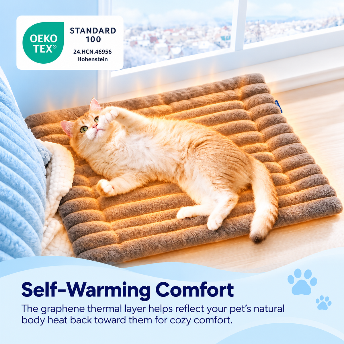 Cat lying on the self-warming mat with OEKO-TEX Standard 100 certification label