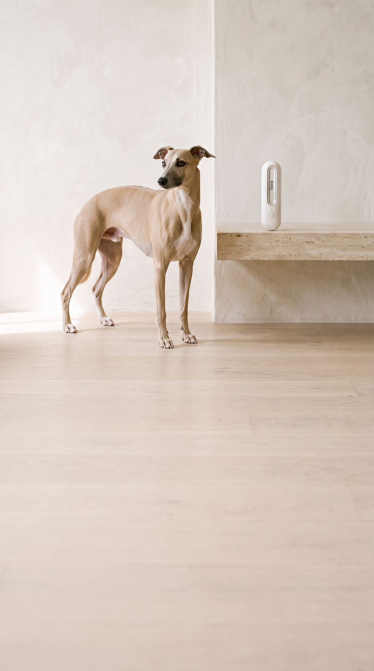 Whippet in a bright minimalist living room beside a white OzoFreshen device on a stone shelf