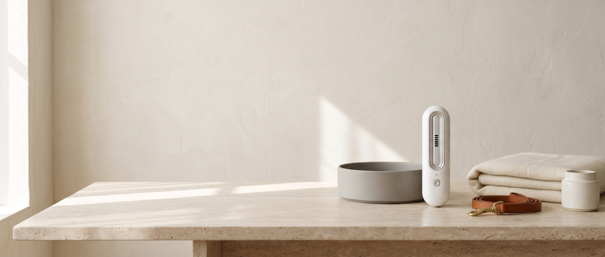 White OzoFreshen device on a travertine table beside a ceramic pet bowl, leather leash and folded blanket