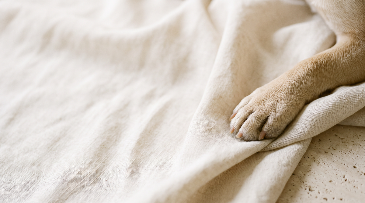 Close-up of a dog's paw on soft cream linen