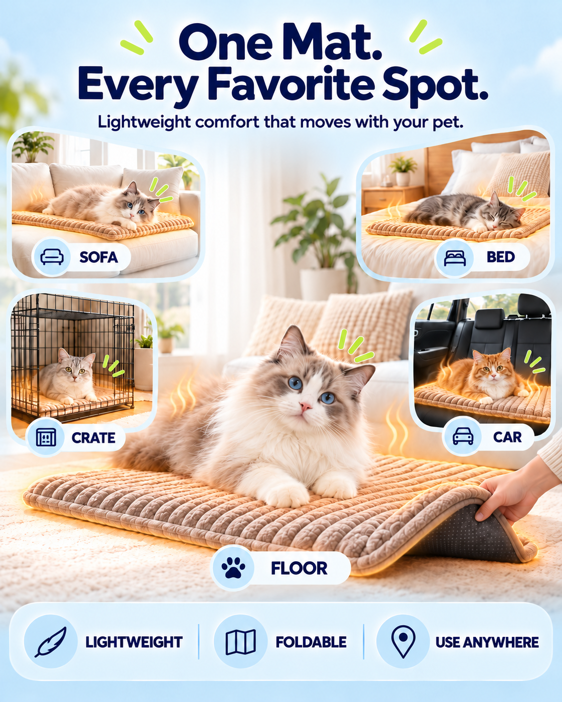 One lightweight mat moved to the sofa, bed, crate, floor or car seat