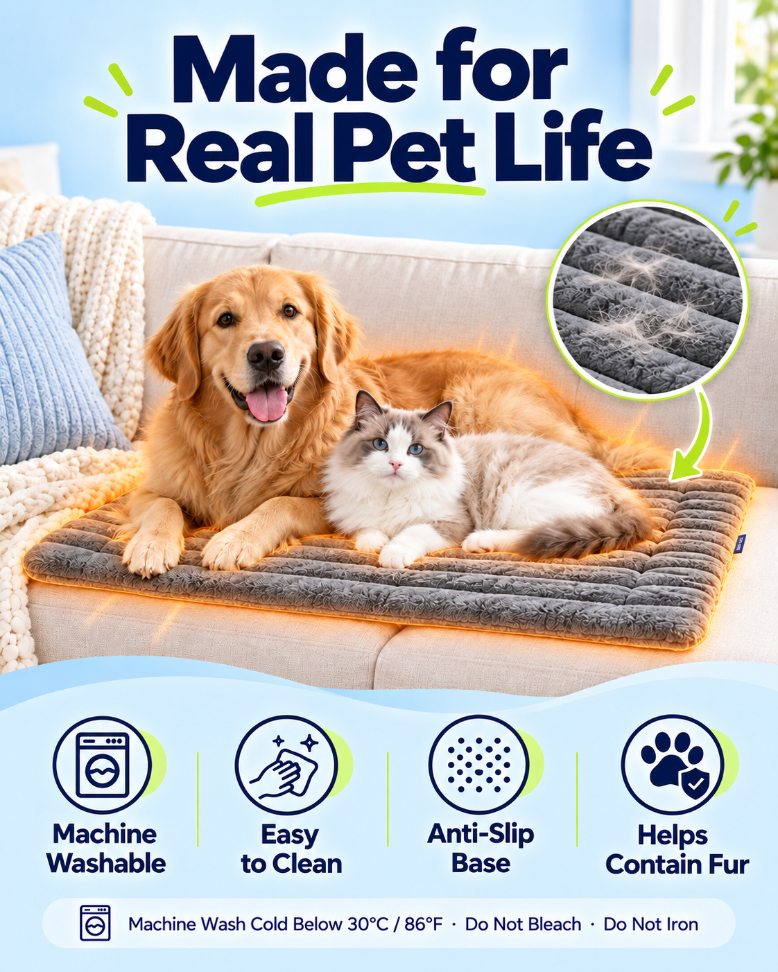 Easy to lift, shake out and machine wash pet mat for real pet life