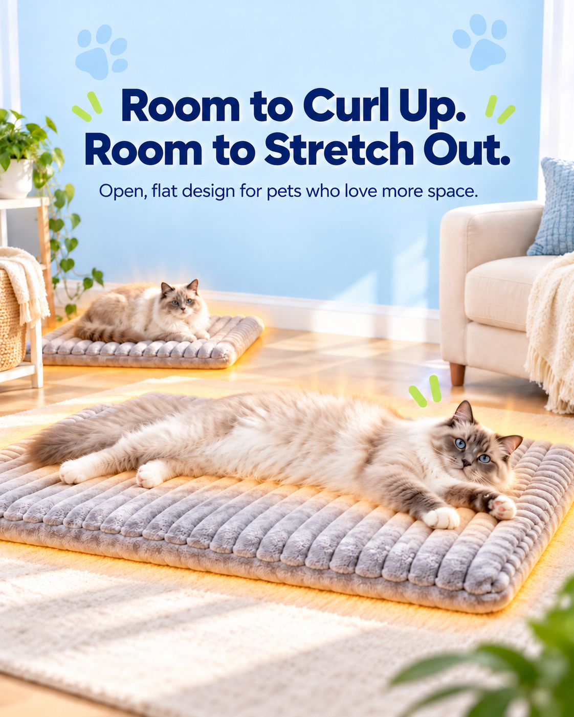 Pets curling up and stretching out on the flat self-warming mat, with size chart S to XL