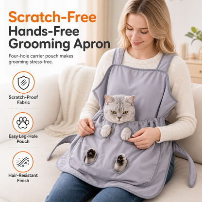 Woman wearing the scratch-free hands-free grooming apron with a cat resting in the leg-hole pouch
