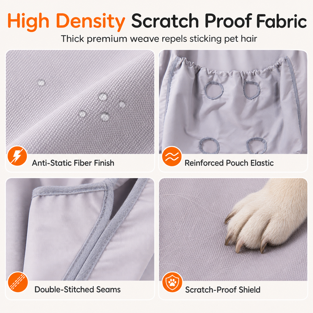 High density scratch proof fabric with double-stitched seams
