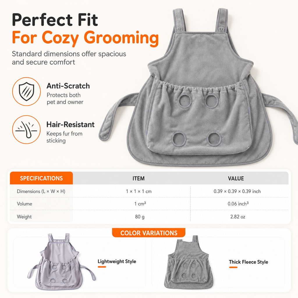 Perfect fit for cozy grooming: thin polyester or thick coral fleece, with specifications