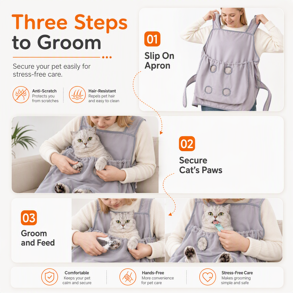 Three steps to groom your pet with the cuddling apron
